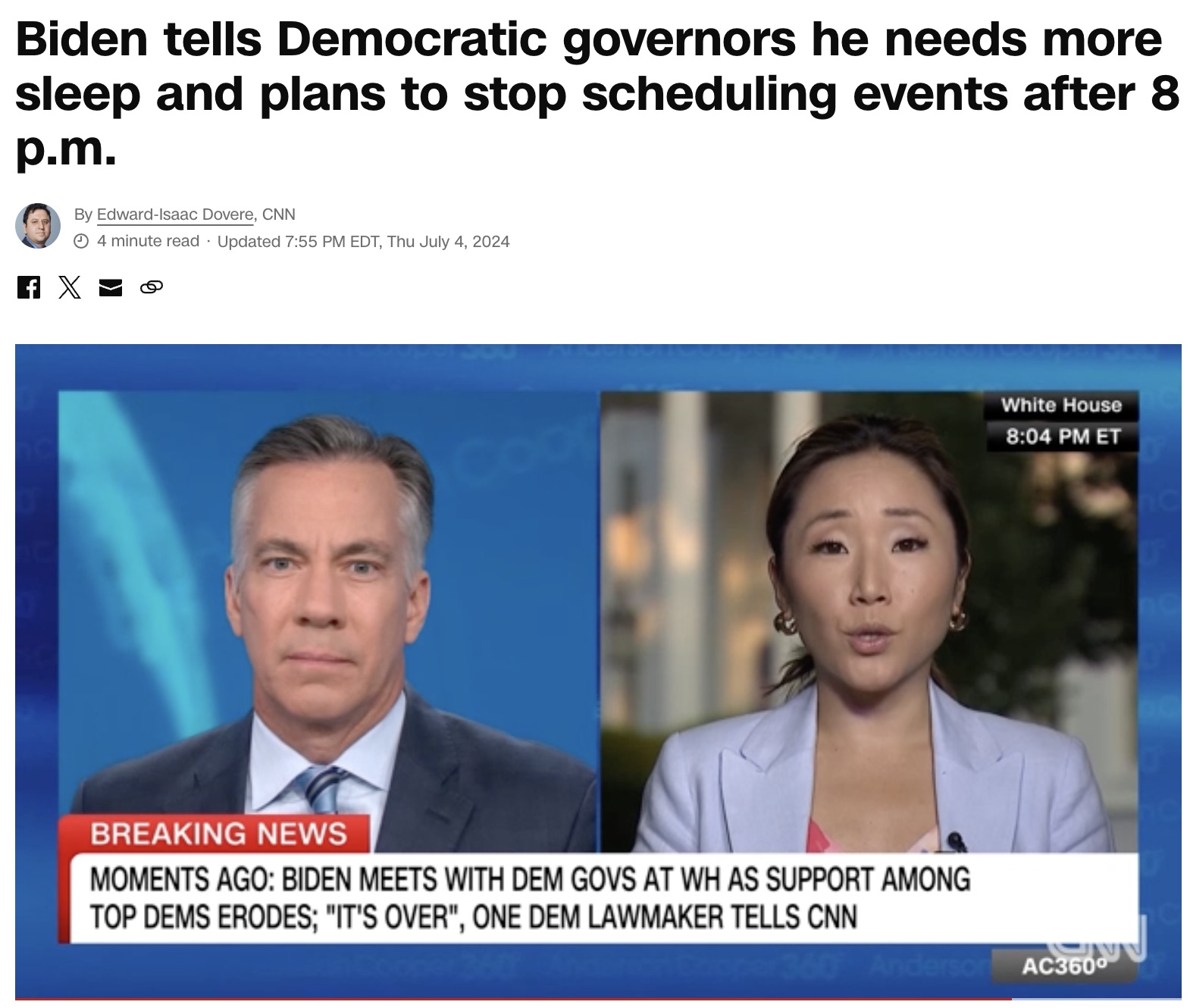 screenshot - Biden tells Democratic governors he needs more sleep and plans to stop scheduling events after 8 p.m. f X By EdwardIsaac Dovere, Cnn 4 minute read Updated Edt, Thu Coo White House Et Breaking News Moments Ago Biden Meets With Dem Govs At Wh A